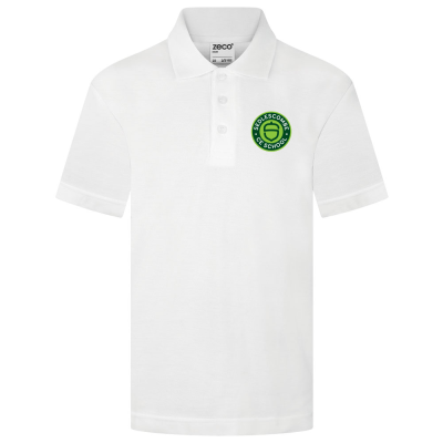 Frontal view of the white polo shirt for Sedlescombe Primary School reception class.