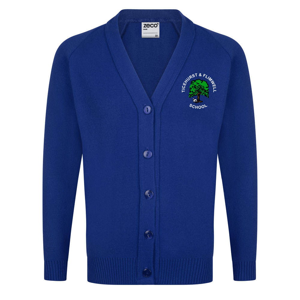 Frontal view of the Ticehurst & Flimwell royal blue knitted cardigan with the school's emblem embroidered on the left breast.