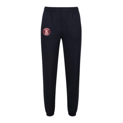 Frontal view of the navy Bexhill Academy PE jogging bottoms. The academy's logo can be seen on the right thigh.