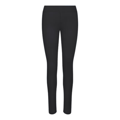 Frontal view of black athletic PE leggings.