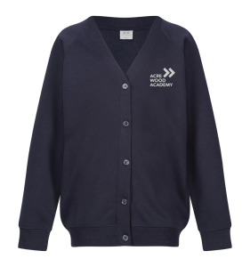 Frontal view of the navy cardigan for Acre Wood Academy.