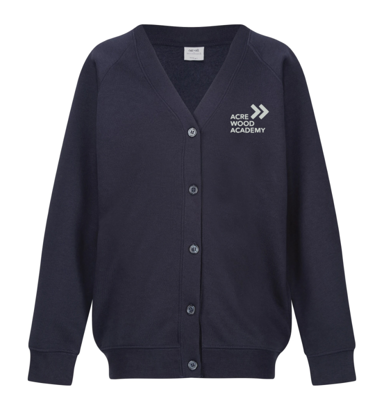 Frontal view of the navy cardigan for Acre Wood Academy.