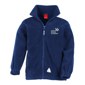 Frontal view of the navy fleece for Acre Wood Academy.