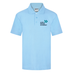Frontal view of the sky blue polo shirt for Acre Wood Academy.