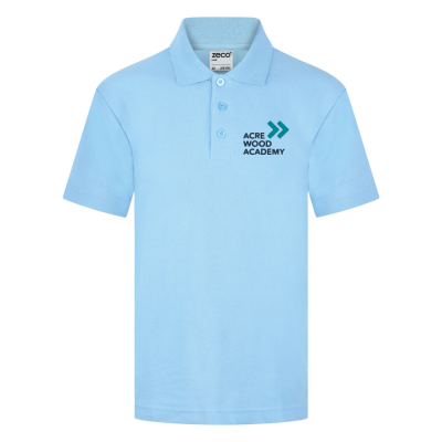 Frontal view of the sky blue polo shirt for Acre Wood Academy.