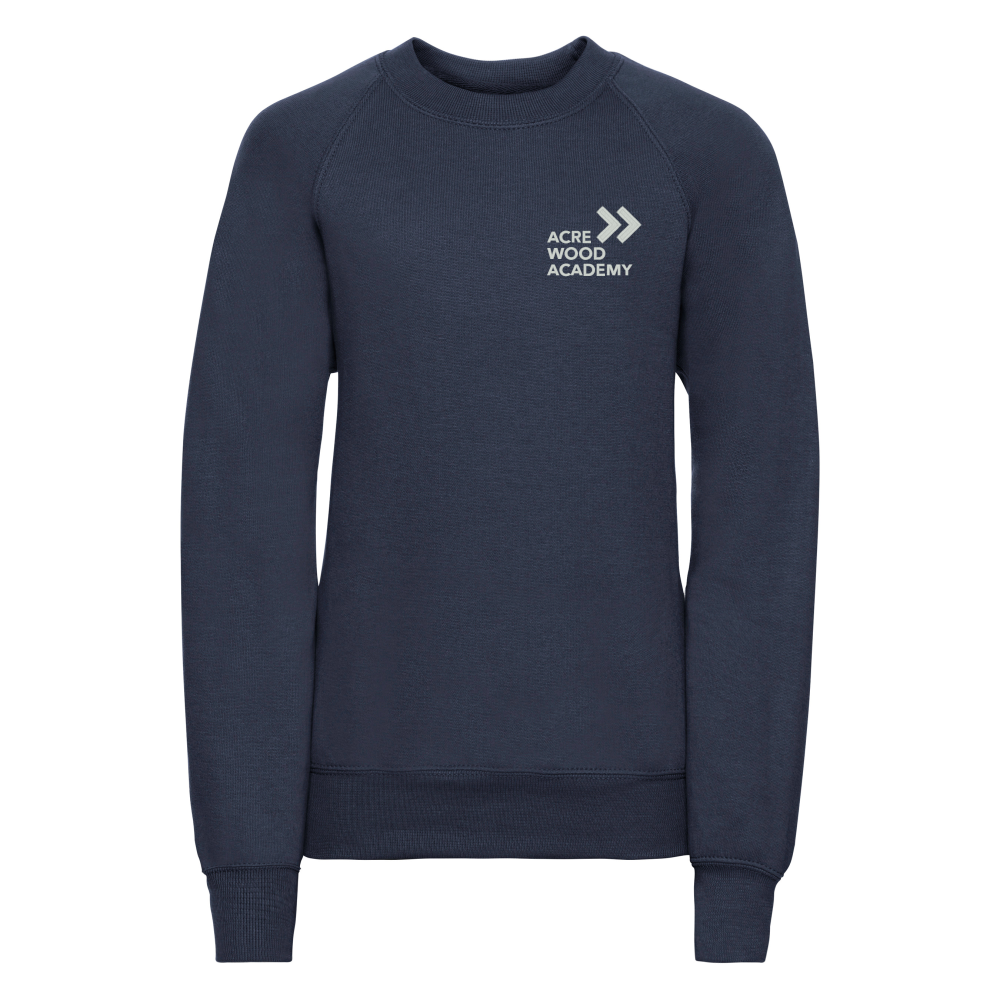 Frontal view of the navy blue sweatshirt for Acre Wood Academy.