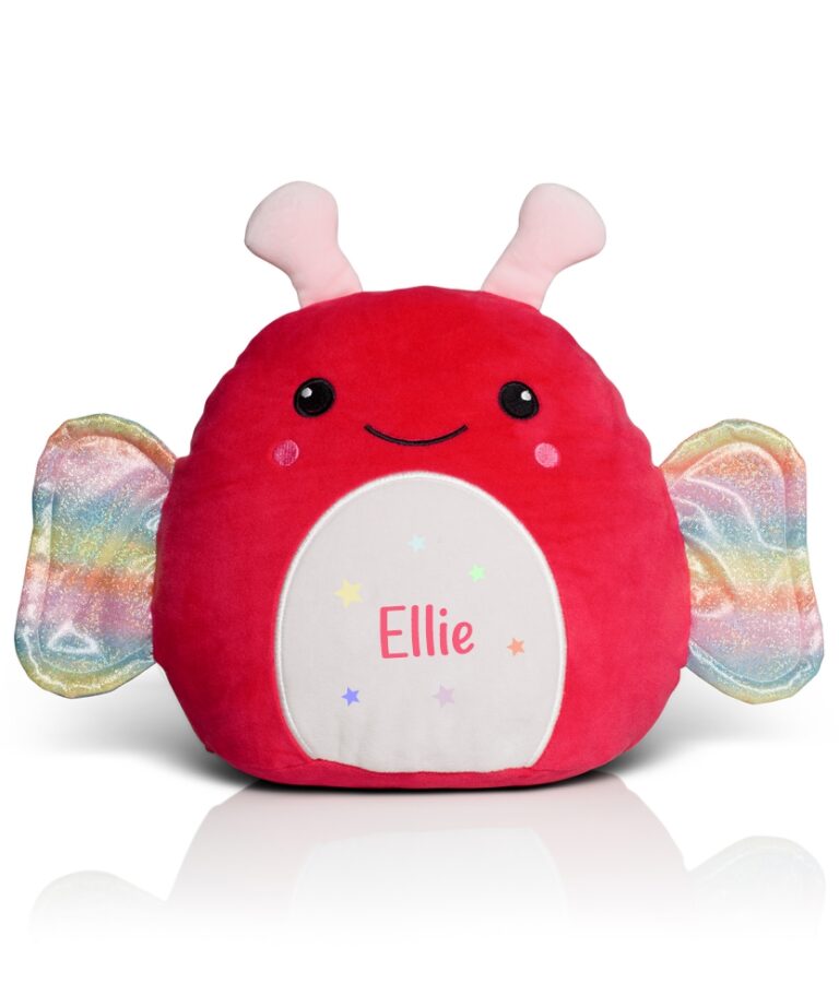 Frontal view of the pink, optionally personalised butterfly Squidgy with a white belly. Printed onto the belly is the sample name "Ellie" in pink with different coloured stars surrounding it.