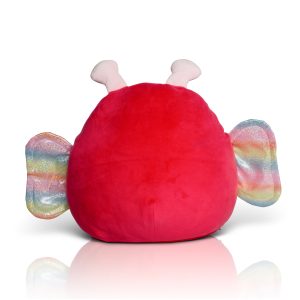 Rear view of the pink butterfly Squidgy in front of a white background