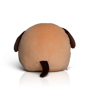Rear view of the personalsied light brown dog Squidgy against a white background.