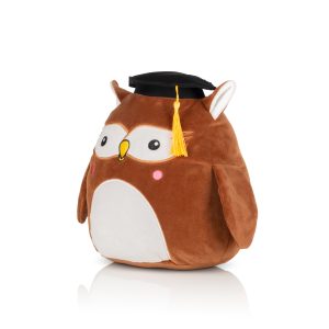 Side view of the personalised owl Squidgy against a white background