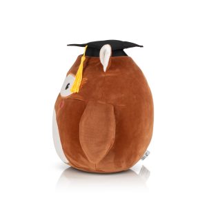 Side view of the personalised owl Squidgy against a white background