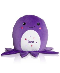 Frontal view of the purple, optionally personalised octopus Squidgy with a white belly. Printed onto the belly is the sample name "Tom" in purple with different coloured stars surrounding it.
