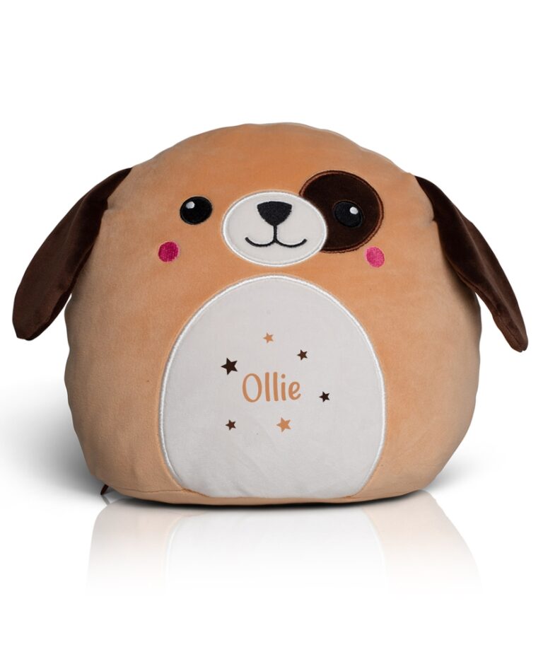 Frontal view of the light brown, optionally personalised dog Squidgy with a white belly. Printed onto the belly is the sample name "Ollie" in light brown with different coloured stars surrounding it.