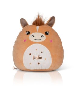 Frontal view of the light brown, optionally personalised pony Squidgy with a white belly. Printed onto the belly is the sample name "Katie" in brown with different coloured stars surrounding it.