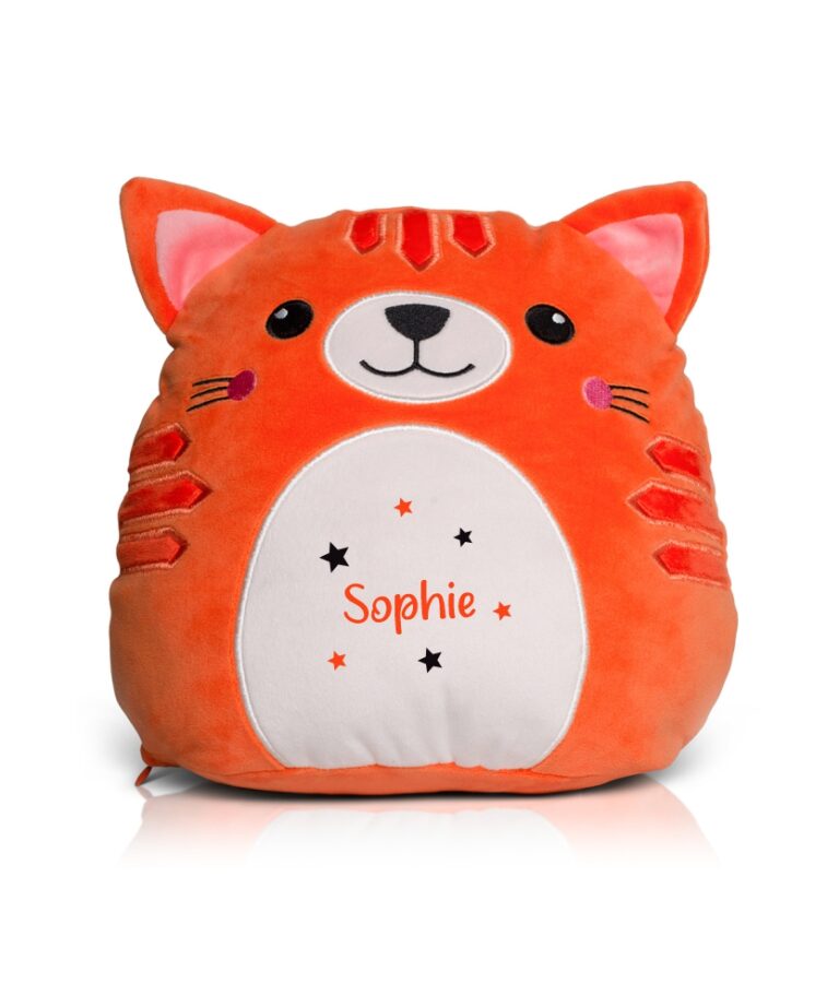Frontal view of the orange, optionally personalised cat Squidgy with a white belly. Printed onto the belly is the sample name "Sophie" in orange with different coloured stars surrounding it.