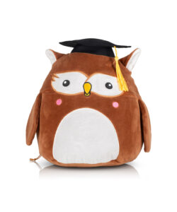Frontal view of the brown, optionally personalised owl Squidgy with a white bellyand wearing a black mortarboard graduation cap with a yellow tassle.