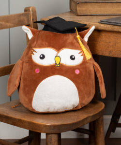 Frontal view of the brown, optionally personalised owl Squidgy with a white bellyand wearing a black mortarboard graduation cap with a yellow tassle. The owl teddy is placed on a wooden chair in front of a wooden desk with a large leather-bound book placed on it.
