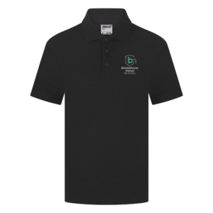 Frontal view of the Bricklehurst Manor School black polo shirt with the school's logo embroidered on the left breast.
