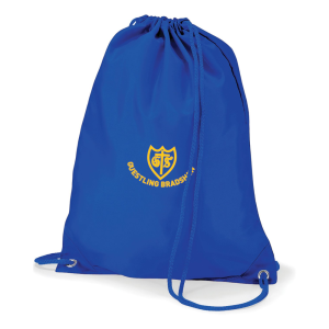 Frontal view of the Guestling Bradshaw royal blue PE bag with the school's emblem printed on the front.