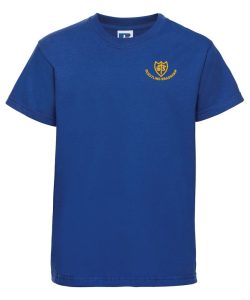 Frontal view of the Guestling Bradshaw Primary School royal blue PE t-shirt