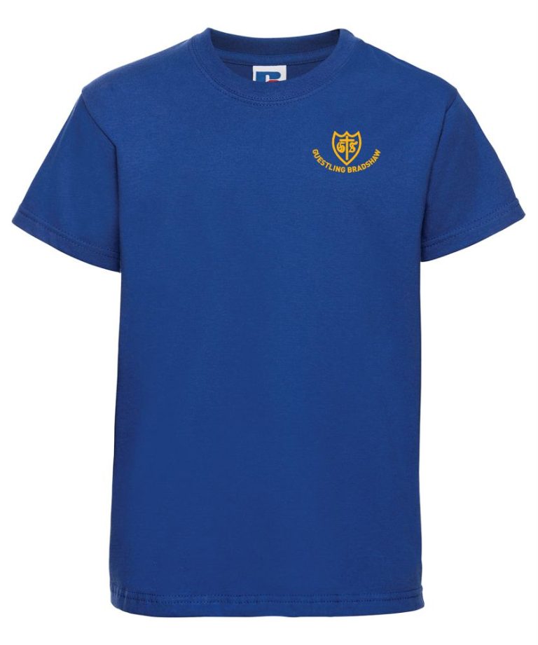 Frontal view of the Guestling Bradshaw Primary School royal blue PE t-shirt