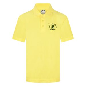 Frontal view of the Little Common School yellow PE polo shirt with the school's emblem embroidered on the left breast.