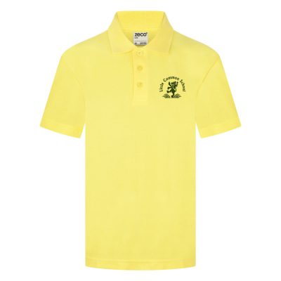 Frontal view of the Little Common School yellow PE polo shirt with the school's emblem embroidered on the left breast.