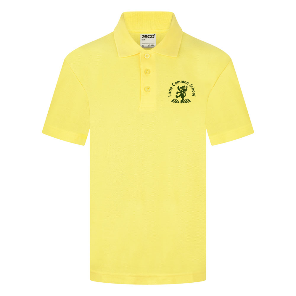 Frontal view of the Little Common School yellow PE polo shirt with the school's emblem embroidered on the left breast.