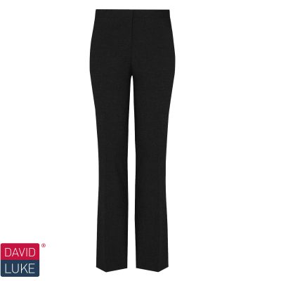 Frontal view of black slim-fit girls' trousers. The David Luke logo is in the bottom left of the image.