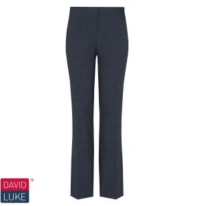 Frontal view of navy slim-fit girls' trousers. The David Luke logo is in the bottom left of the image.