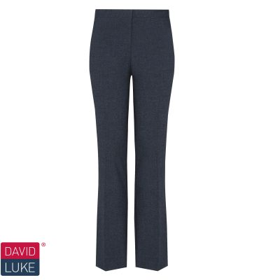Frontal view of navy slim-fit girls' trousers. The David Luke logo is in the bottom left of the image.