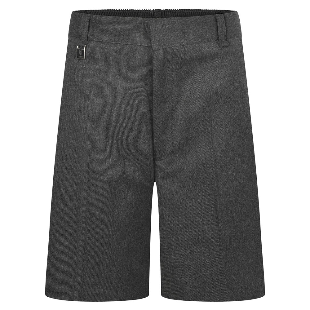 Frontal view if standard-fit boys' shorts in grey