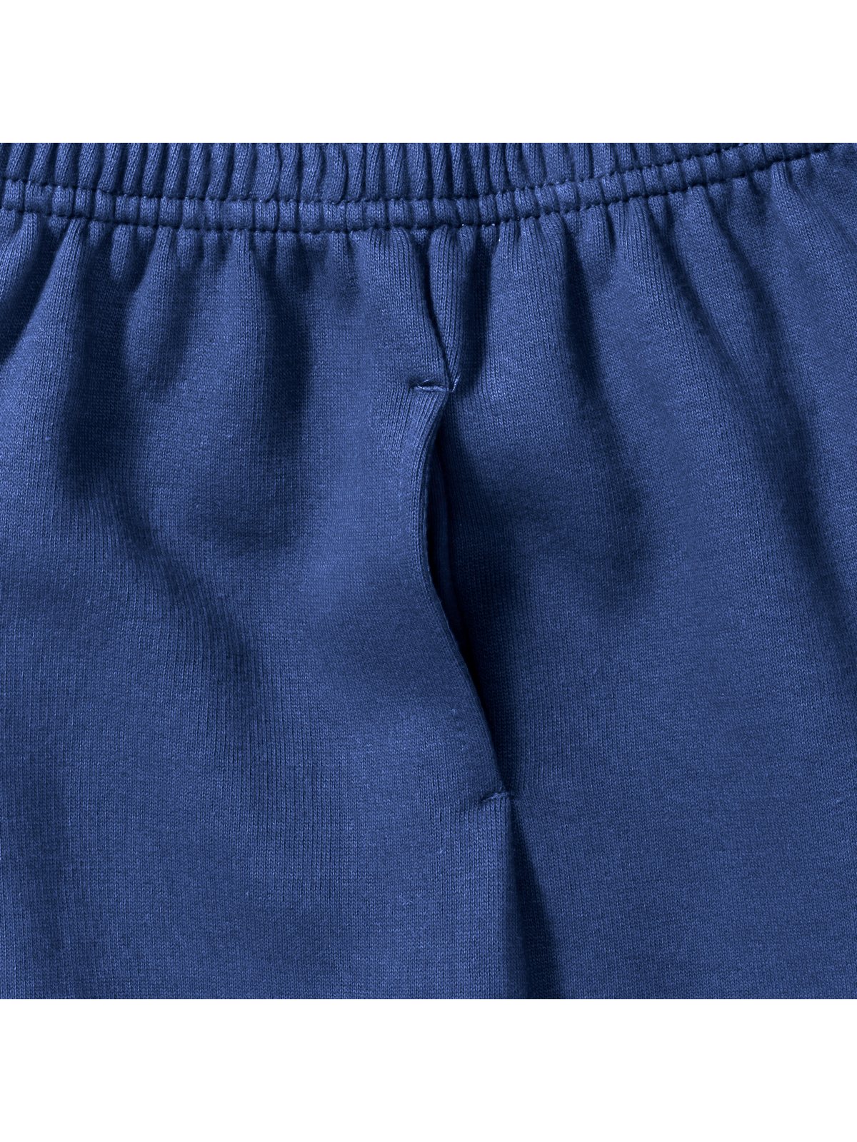 Close-up view of a side pocket on royal-blue jogging bottoms