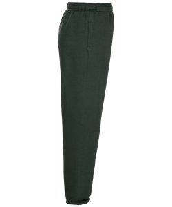 Side view of bottle-green jogging bottoms