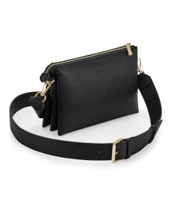 View of the Athena cross-body bag with a strap both in black
