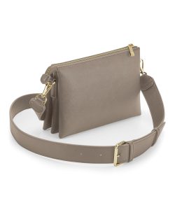 View of the Athena cross-body bag with a strap both in taupe