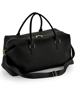 Frontal view of the Iris weekender bag in black with all metalic features in gold colour