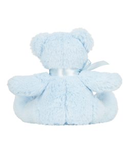 Rear view of the personalised "Billie" blue teddy bear against a white background