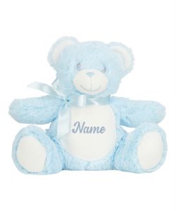A frontal view of the personalised "Billie" blue teddy bear against a white background with the sample word "Name" printed in light blue to the white belly.