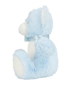 Side view of the personalised "Billie" blue teddy bear against a white background