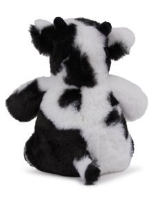 Rear view of the black and white personalised "Calvin" cow teddy