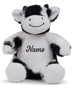 Frontal view of the black and white personalised "Calvin" cow teddy with the sample text in black printed to its belly: "Name"