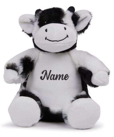Frontal view of the black and white personalised "Calvin" cow teddy with the sample text in black printed to its belly: "Name"
