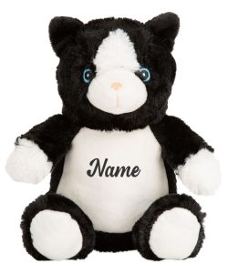 Frontal view of the black personalised "Cooper" cat teddy with sample text in black printed to its belly: "Name"