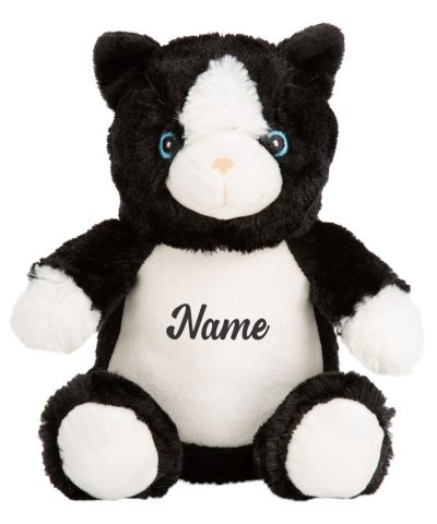 Frontal view of the black personalised "Cooper" cat teddy with sample text in black printed to its belly: "Name"