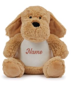 Frontal view of the light brown personalised "Dash" god teddy with sample text in brown printed to its belly: "Name"