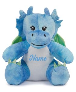 Frontal view of the blue personalised "Dave" dragon teddy with blue sample text printed to its belly that reads: "Name"