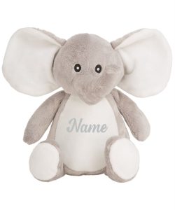 Frontal view of the grey personalised "Emma" elephant teddy with the sample text printed to its belly that reads: "Name"