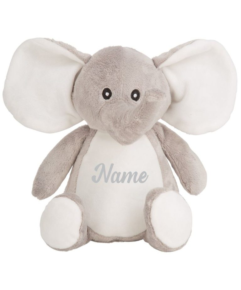 Frontal view of the grey personalised "Emma" elephant teddy with the sample text printed to its belly that reads: "Name"