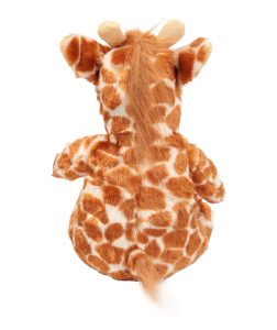 Rear view of the personalised "Georgina" giraffe teddy against a white background